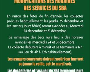 Jeudis 25 décembre 2025 et 1er janvier 2026 fériés : organisation des services de collecte du SBA